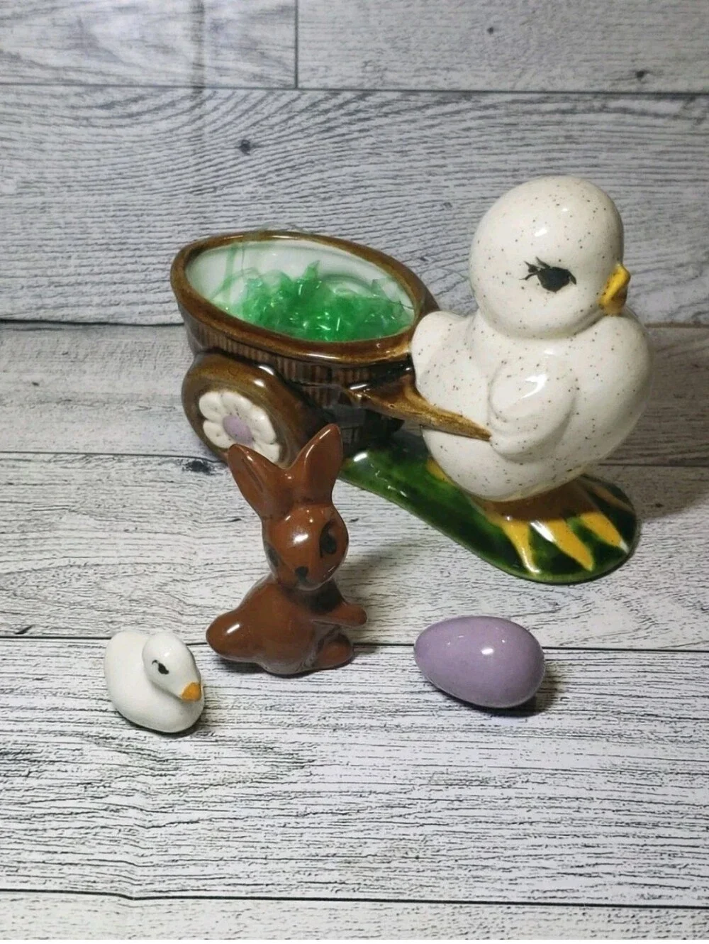Vtg Ceramic Easter Decor Chick Bunny Egg Wagon Wheelburrow Signed Elaine